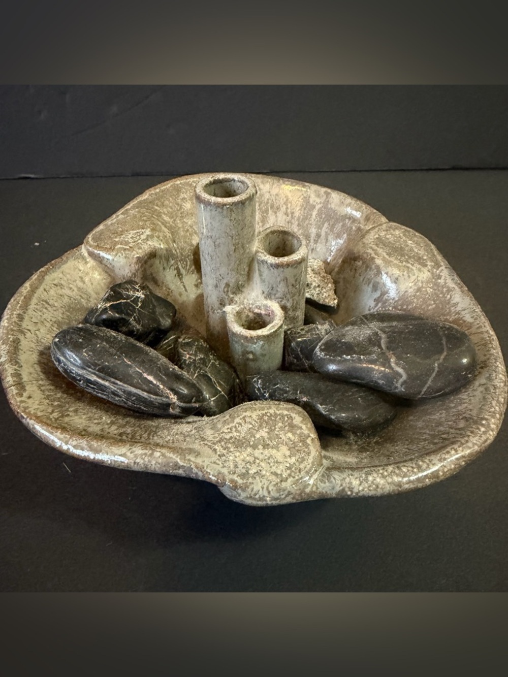 Studio Pottery Ceramic Ikebana Frog Vase Flower Dish Rustic Tan Artist Signed